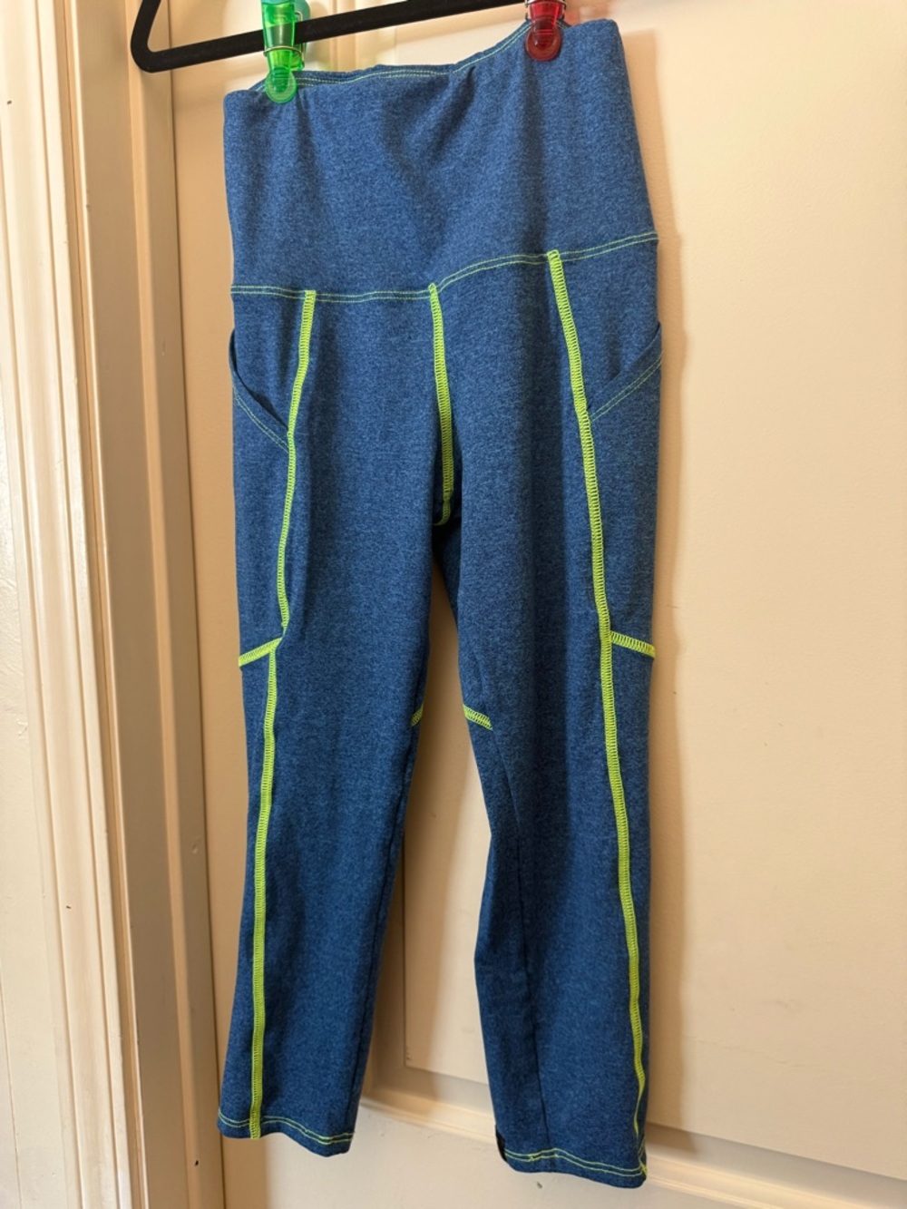 Girls' Blue Crop Leggings with Neon Lime Stitching